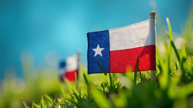 Video A lone Texas flag standing tall amidst lush green grass, set against a bright blue sky