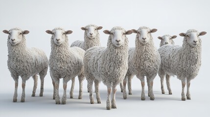 Fototapeta premium A Flock of White Sheep Standing Together in a Row on a Plain Background