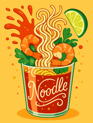 Instant noodles with shrimps and tomato sauce. Vibrant vector illustration