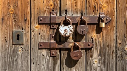 A close-up view of a rustic wooden door secured by multiple vintage padlocks
