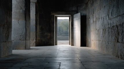 Obraz premium An ancient temple with stone walls and open doors, with light shining through the door onto an empty marble floor. the background is dark gray, creating a mysterious atmosphere. 