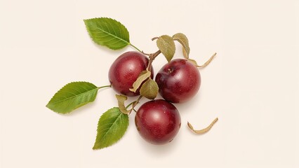 Cluster of red berries with green leaves and tendrils on a white background. The imagery of fruit and plant parts.