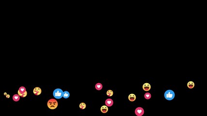 animated lower border of social network reaction symbols. social media live video lower third interface elements. mixed social media reaction icons floating from bottom on black background.  - Powered by Adobe