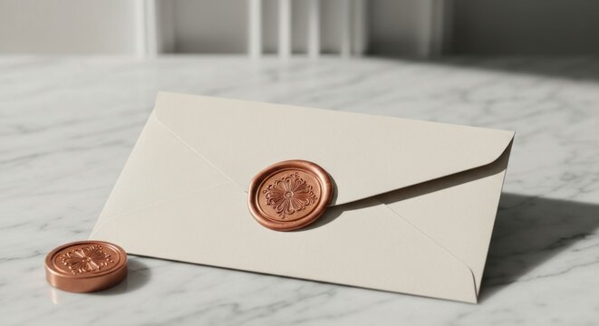 Cream-colored envelope with wax seal on marble surface, side view