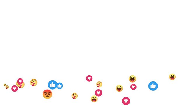 social media live video lower third interface elements. mixed social media reaction icons floating from bottom on white background. animated lower border of social network reaction symbols. 