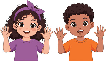 Happy diverse children characters waving hands, cute smiling girl and boy welcoming, multicultural friends greeting, flat vector illustration.