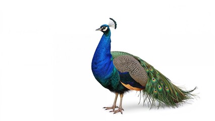 Naklejka premium A peacock with vibrant blue and green feathers, displaying its colorful tail.