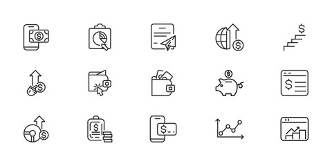 Collection of assorted line icons depicting various concepts and objects in simple black lines. Technology line icon set. Vector pictograms of wireless device, processor, network, cloud, smart home.