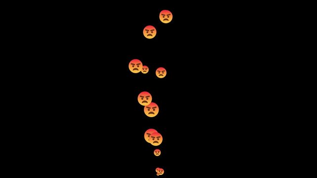 concept of internet rage and negative feedback. stream of angry emoticons for video editing. social media live stream negative reaction overlay. floating angry face emojis on black background.