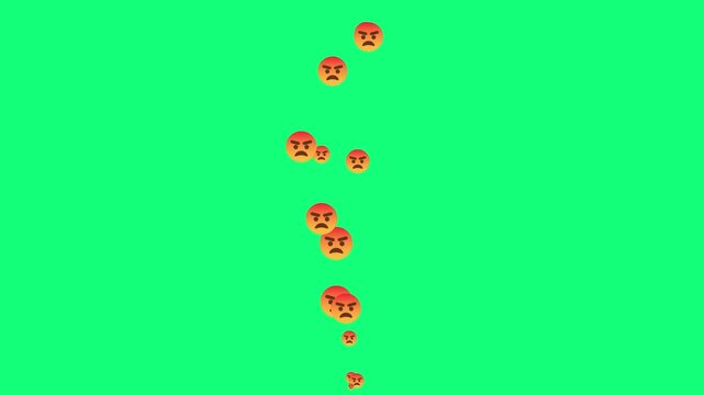 rising stream of furious facial expressions on green. digital expression of anger and frustration icons isolated. social media live stream negative reaction overlay chroma key.