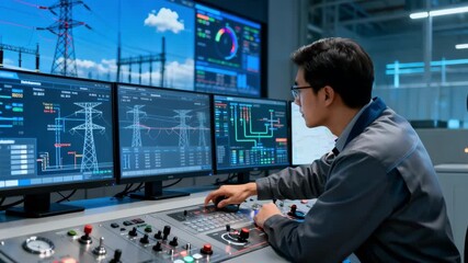 Control room operator adjusting grid parameters using realtime mixed condition data for dynamic line rating of electrical infrastructure - Powered by Adobe