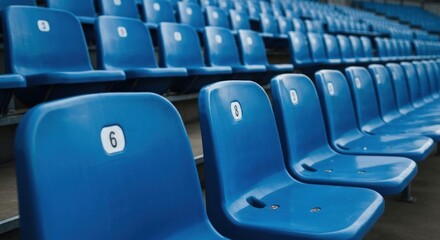 Empty stadium seating, blue rows, numbered, waiting for an event