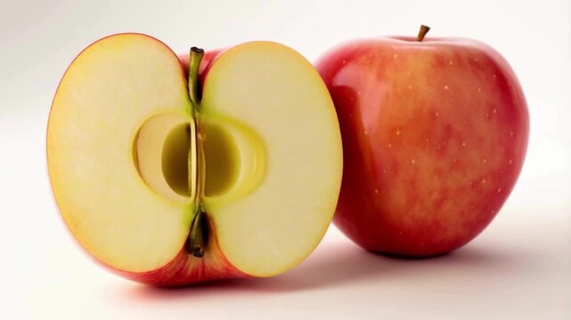Realistic worst 3D animation of a whole and sliced apple rotating on a pure white background