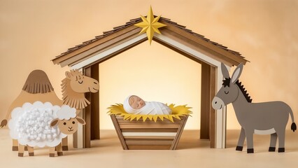 Nativity scene with baby in manger surrounded by animals and stars made of paper 