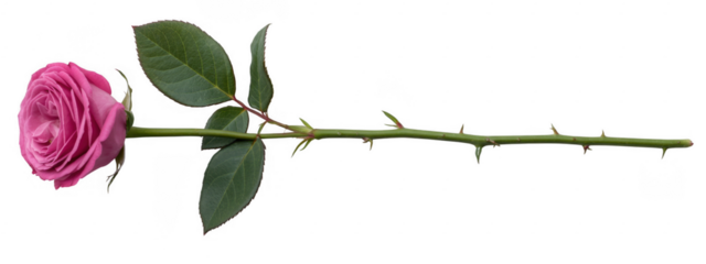 Pink rose with green stem and leaves isolated on a transparent background flower