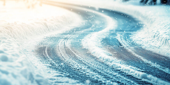 Slippery winter road covered with ice. Warning in winter time concept.