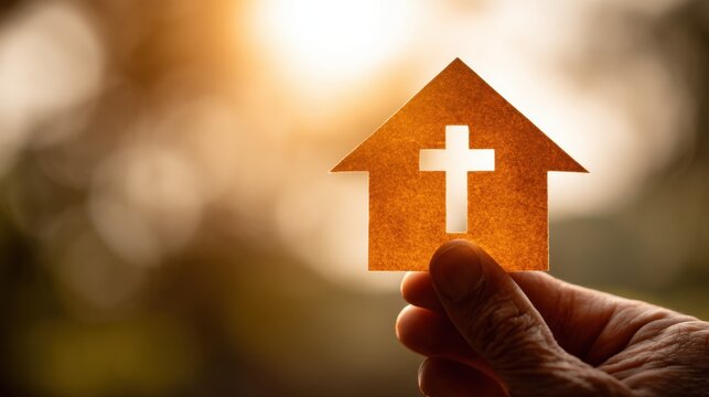 Hand Holding Paper House with Cross Symbol at Sunset