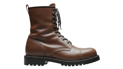 Vintage brown leather combat boot on a black reflective surface