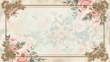 Vintage floral frame with pink roses and beige background, elegant decorative border design.