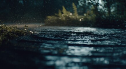 Fototapeta premium Wet stone path reflects overcast sky; raindrops fall on grassy banks and green foliage