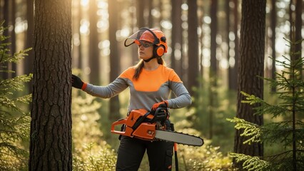 Professional female logger with chainsaw in forest. Woman arborist wearing protective gear for tree cutting work
