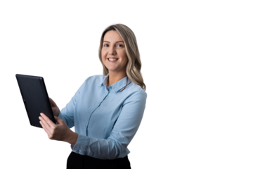 Businesswoman holding tablet smiling, using digital technology