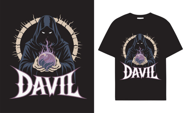 Dark hooded figure holding a glowing orb with devilish font on t shirt design