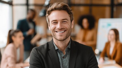 Fototapeta premium Confident Business Leader: A distinguished leader projects assurance and confidence, his inviting smile radiating optimism and embodying the spirit of a collaborative and modern workspace.