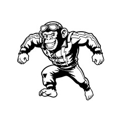 Energetic Aviator Monkey Mascot Illustration Black and White