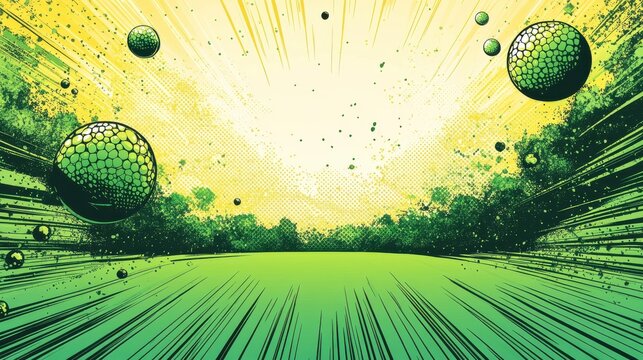 Dynamic comic book style golf background with vibrant colors and energetic golf ball illustrations in motion