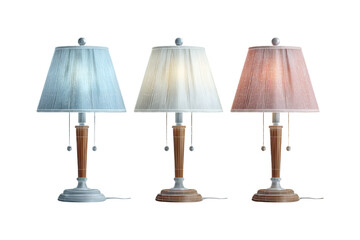 Obraz premium Illustration of three table lamps with different colored shades on transparent background