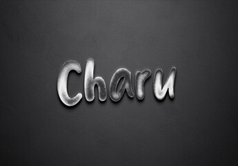 Chrome metal 3D Hindi name design of Charu on grey background.