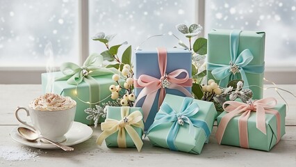 Festive arrangement of pastel gift boxes and steaming cup of hot chocolate. Cozy winter Christmas background with falling snow