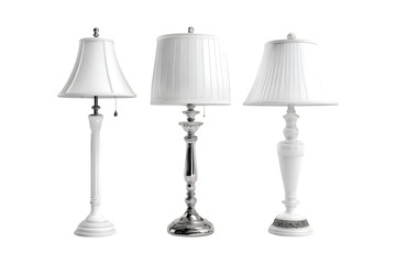 Obraz premium Illustration of three different white table lamps with various shades on transparent background