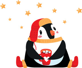 A cartoon penguin is sitting on a snowy hill with a mug of hot chocolate in its