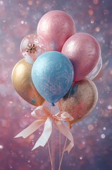 Balloons in Pink, Blue, Gold, and Silver Floating Together at a Celebration Event During Evening Hours