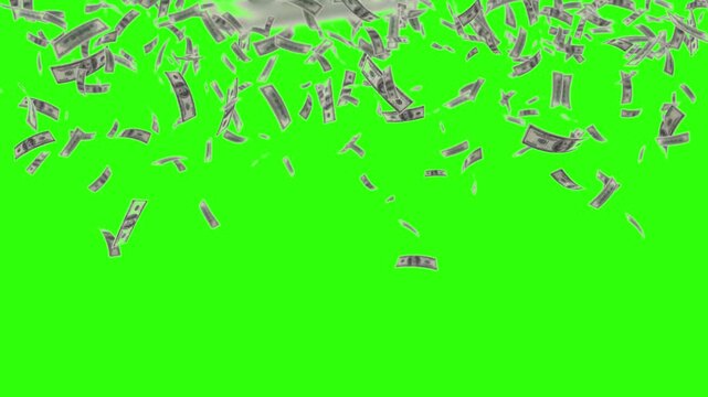 US Dollar bills fall and move through the ari as a cash rain animation representing finance, banking and econmonic growth