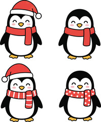 Fototapeta premium set of penguin vector, christmas santa claus hat icon, cartoon penguin vector illustration