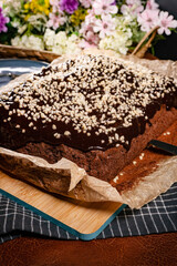 Freshly baked chocolate cake.