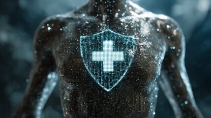 A metallic figure displaying a glowing shield with a plus, symbolizing digital security and healthcare innovation. The design suggests advanced technology, protection, and well-being.