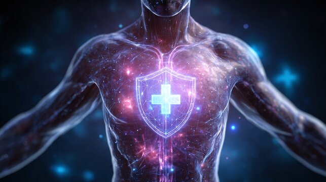A digital rendering of a human torso with a shield graphic emblazoned on its chest. The shield features a medical cross, symbolizing protection and healthcare innovation.