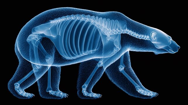 An x-ray vision into the skeletal structure of a walking bear. The contrast of the white bone structure against the blue soft tissue and black background creates a striking visual.