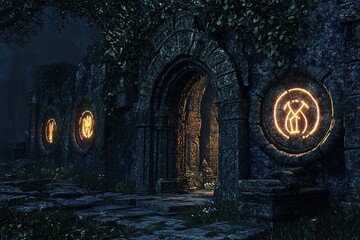 castle walls entwined with temple arches decorated with glowing runes