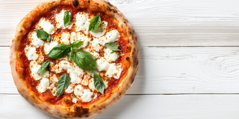 Classic pizza with mozzarella and basil on white wooden background