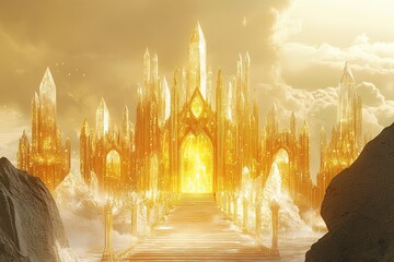 castle with temple gates made of shimmering crystal and gold