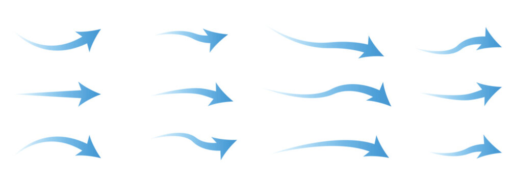 Blue air flow arrows showing wind circulation and ventilation. Abstract wavy arrow line design with smooth flowing.  air flow concept with neon wind arrows and temperature contrast. 