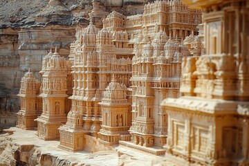 desert castle surrounded by sandstone temples with intricate carvings