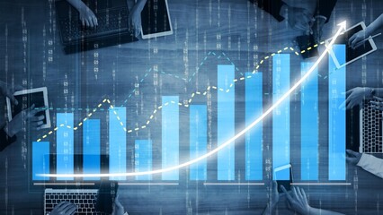 A dynamic team collaborates in an office setting, analyzing financial data and utilizing modern devices to visualize trends and strategies for business success. Copula