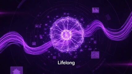 Abstract glowing purple neural network and data streams on dark background - Powered by Adobe