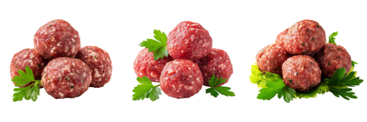 Set of A cluster of raw meatballs arranged on a black oval plate next to a small wooden bowl filled with ketchup transparent png background. Ai generated